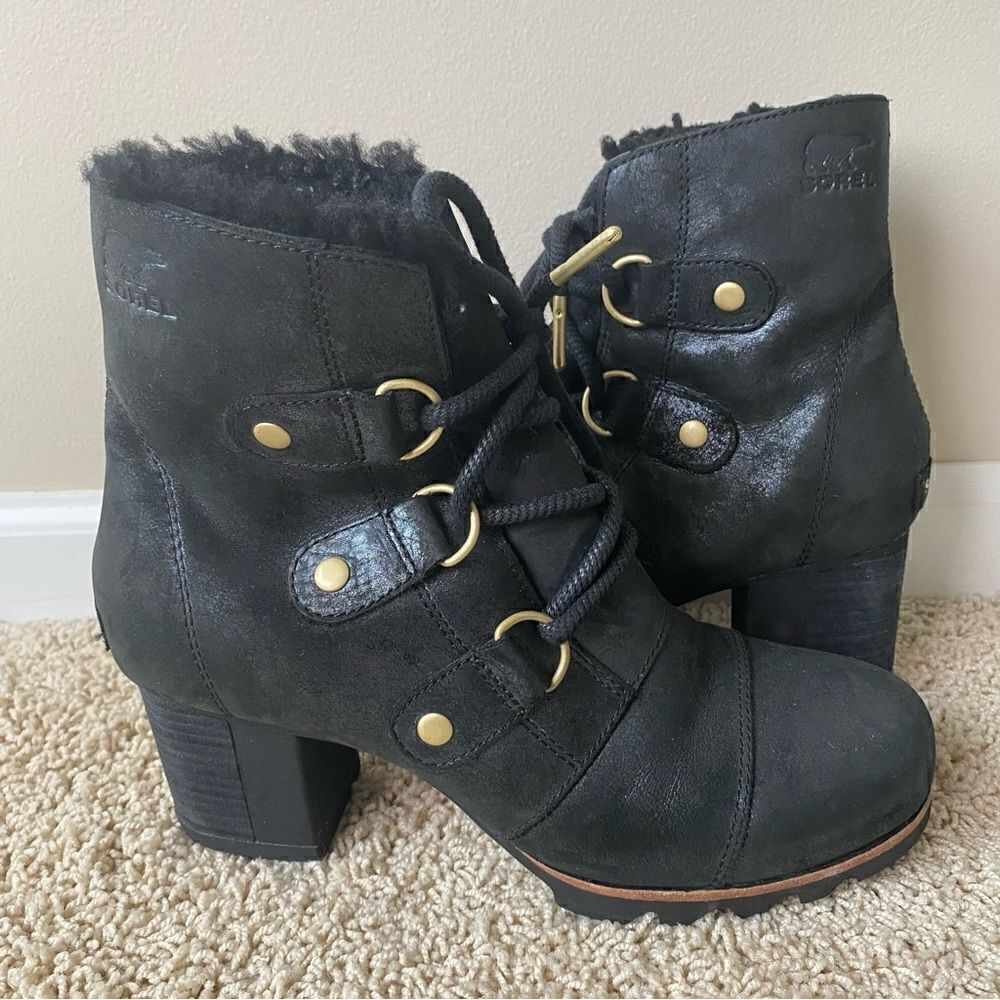 Sorel Addington Chelsea Lace Up Boots Black Leather Lux Holiday Shearling 8.5